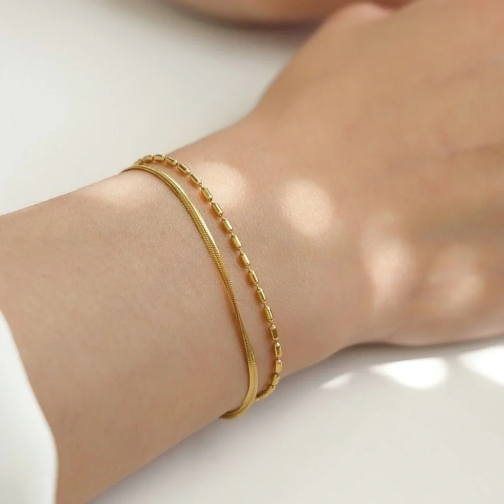 Herringbone Beaded Link Chain Bracelet Set | 18K Gold Plated Stainless Steel - Picture 3 of 3
